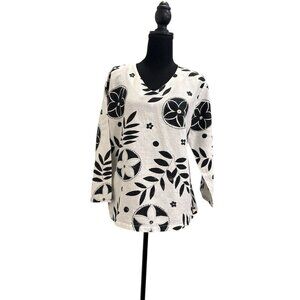 Hot Cotton women White/Black Flower V Neck Linen Blend Blouse Top Size L